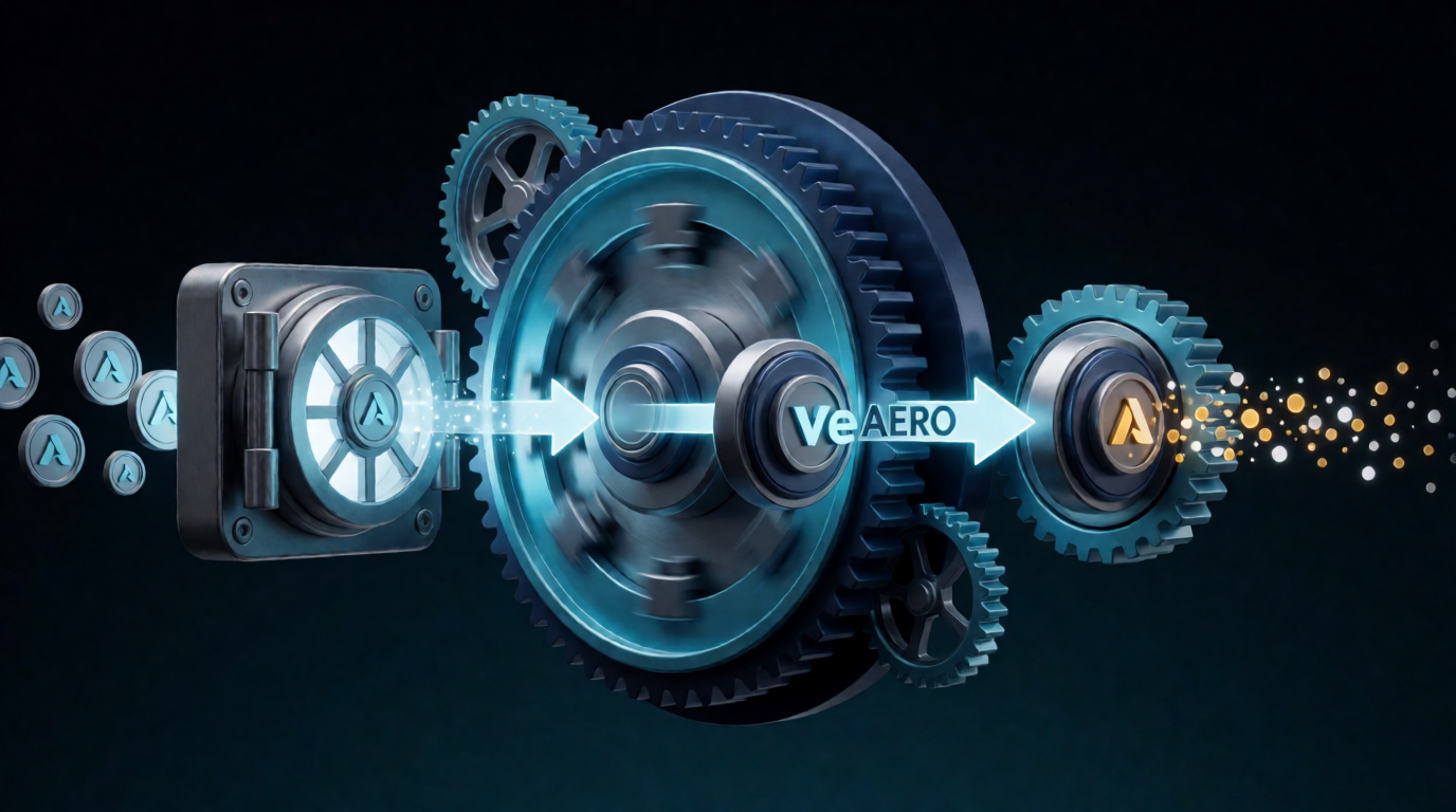 Stylized diagram of Aerodrome Finance's tokenomic flywheel with AERO tokens locked into veAERO, directing emissions to pools and capturing fees, all depicted in brand colors.